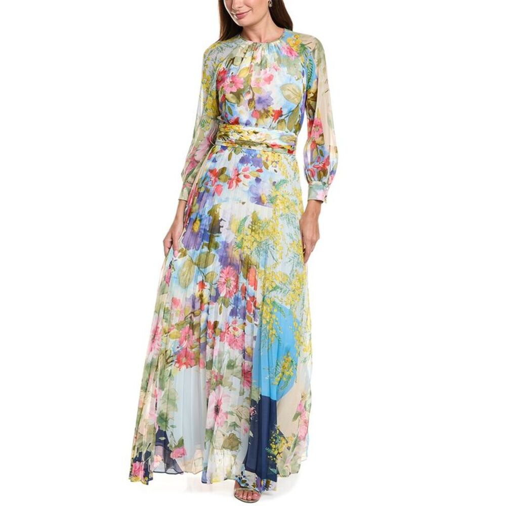 Teri Jon By Rickie Freeman Womens Long Full Sleeve Patchwork Print Pleated